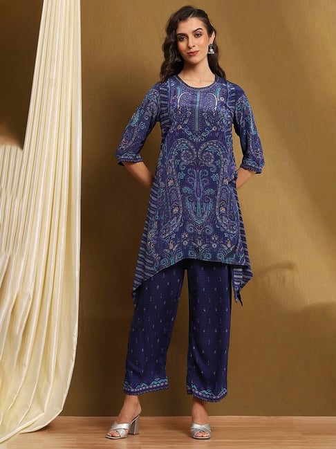 Biba Blue Crepe Printed 3/4th Sleeve Kurta & Pants Set