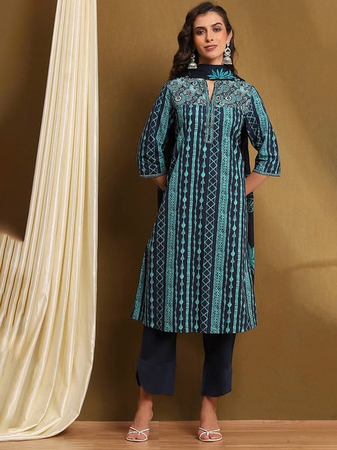 Biba Blue Cotton Printed 3/4th Sleeve Kurta Pants & Dupatta Set