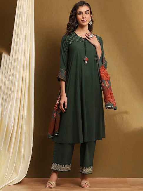 Biba Green Cotton Embroidered 3/4th Sleeve Kurta Pants & Dupatta Set
