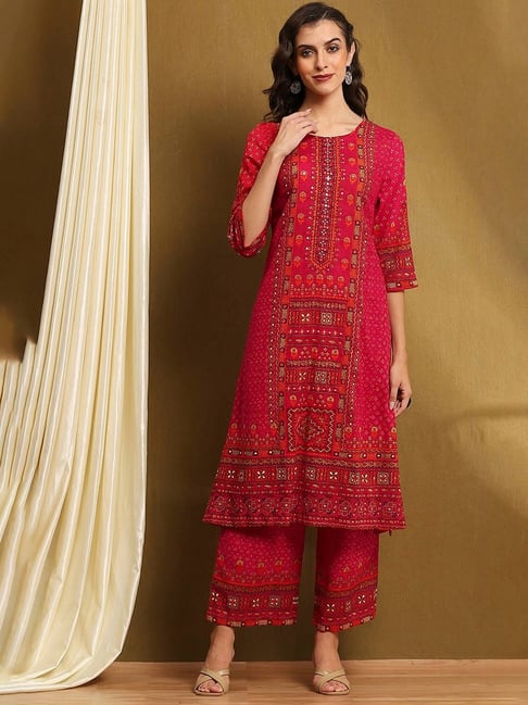 Biba Pink Cotton Printed 3/4th Sleeve Kurta Pants Set