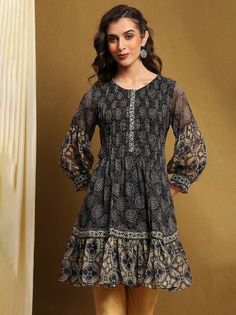 Biba Blue Polyester Printed 3/4th Sleeve Kurta-picture-41