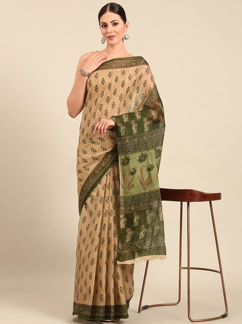 SHANVIKA Beige Pure Cotton Floral Print Saree Without Blouse Piece-picture-46