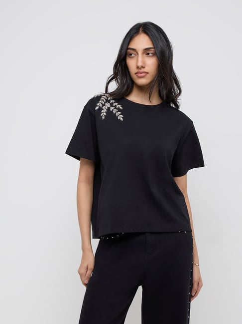LOV by Westside Black Diamante Embellished Cotton T-Shirt