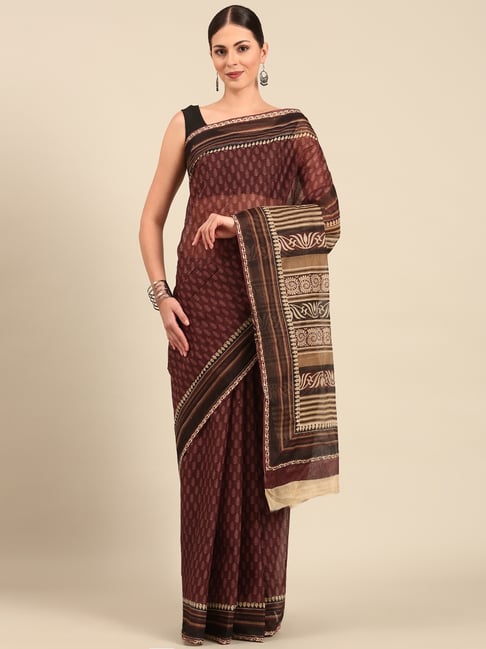 SHANVIKA Dark Brown Pure Cotton Ethnic Motifs Print Saree Without Blouse Piece-picture-18