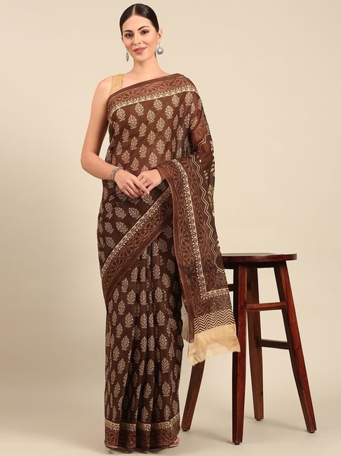 SHANVIKA Brown Pure Cotton Ethnic Motifs Print Saree Without Blouse Piece-picture-23