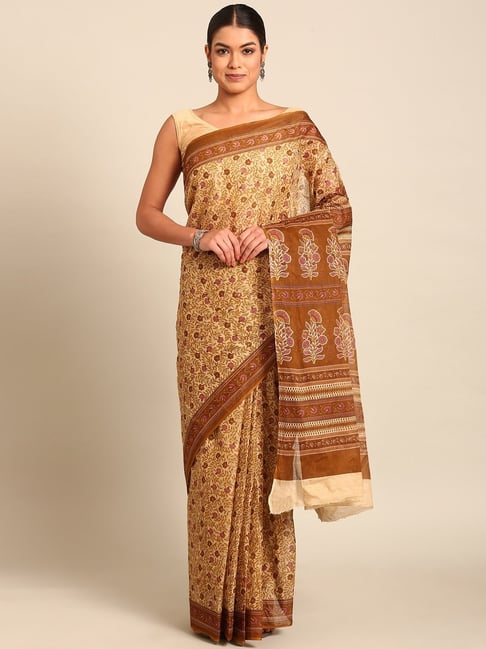 SHANVIKA Beige & Mustard Pure Cotton Floral Print Saree Without Blouse Piece-picture-19