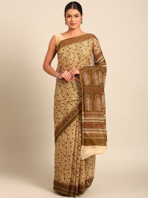 SHANVIKA Beige & Mehandi Green Pure Cotton Floral Print Saree Without Blouse Piece-picture-24