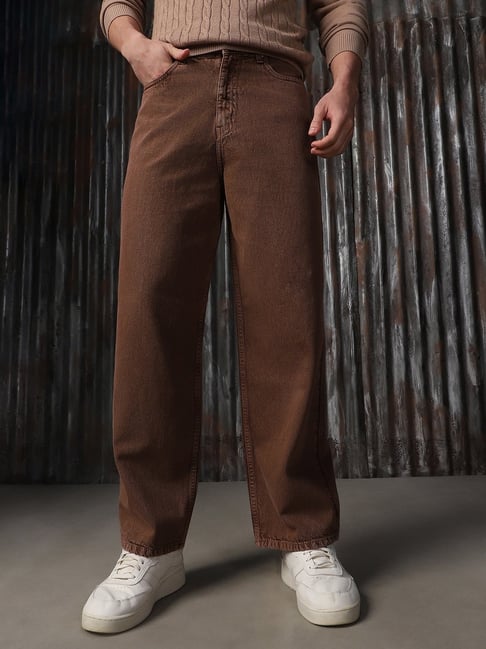 High Star Brown Cotton Loose fit Solid Jeans
