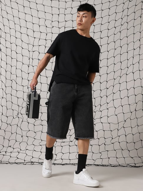 Hubberholme Black Cotton Loose fit Solid Shorts