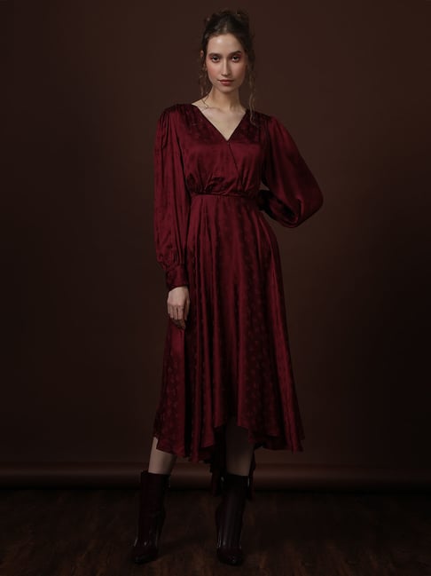 Vero Moda Maroon Polyester Fit And Flare Self Design Dress