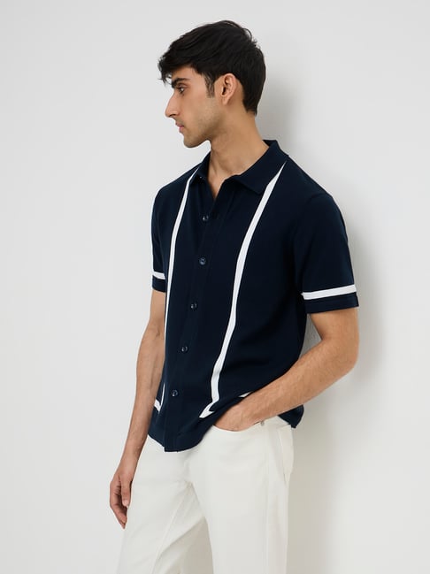Ascot by Westside Navy Stripe Printed Relaxed-Fit Shirt