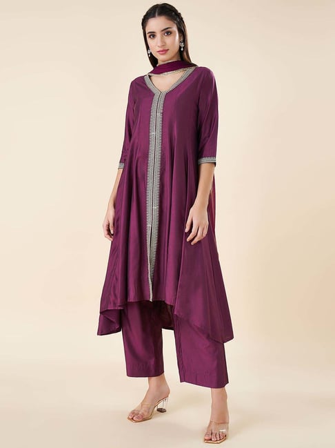 Rangmanch by Pantaloons Purple Embroidered Suit Sets
