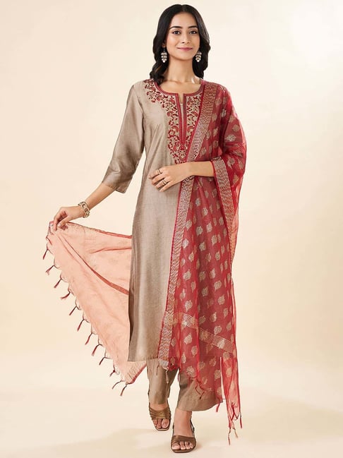 Rangmanch by Pantaloons Brown Embroidered Suit Sets