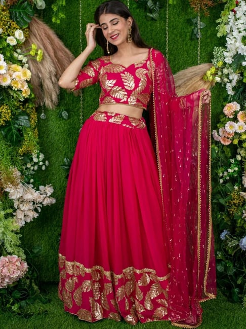 Label Shaurya Sanadhya Rani Pink Leaf Daman Lehenga with Top and Dupatta-picture-25
