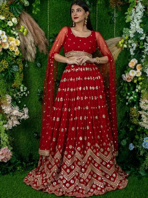 Label Shaurya Sanadhya Red And Gold Lehenga with Blouse and Cape Sleeves-picture-28
