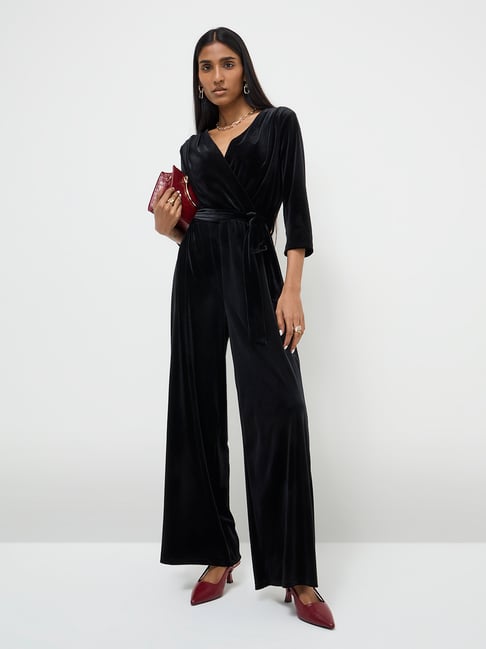 Wardrobe by Westside Black Velveteen Jumpsuit with Belt