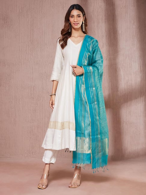 Fabindia Teal Cotton Silk Regular Fit Printed Dupatta-picture-31