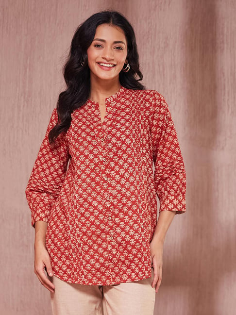 Fabindia Red Cotton Comfort Fit Printed Tunic