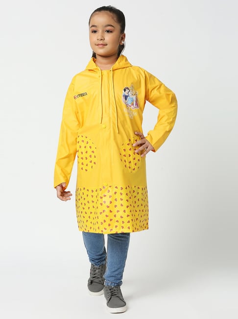 Citizen Girls Yellow Printed Full Sleeves Raincoat