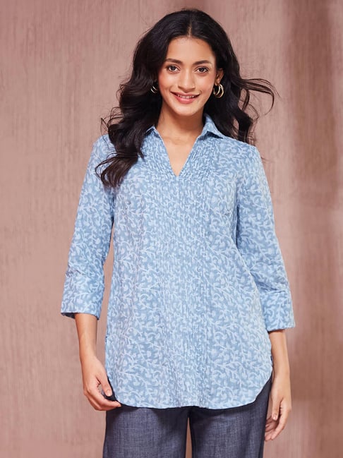 Fabindia Blue Cotton Comfort Fit Printed Tunic