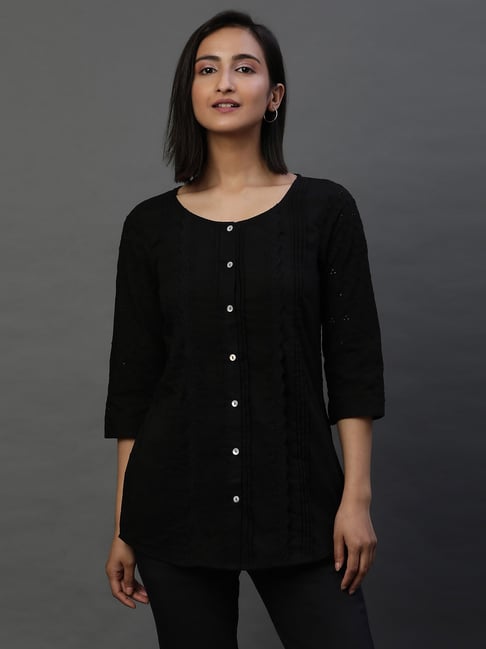 Aurelia Black Regular Fit Floral Kurti-picture-24