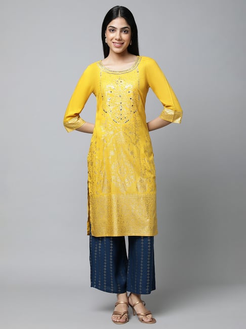 Aurelia Yellow Regular Fit Floral Kurta-picture-34