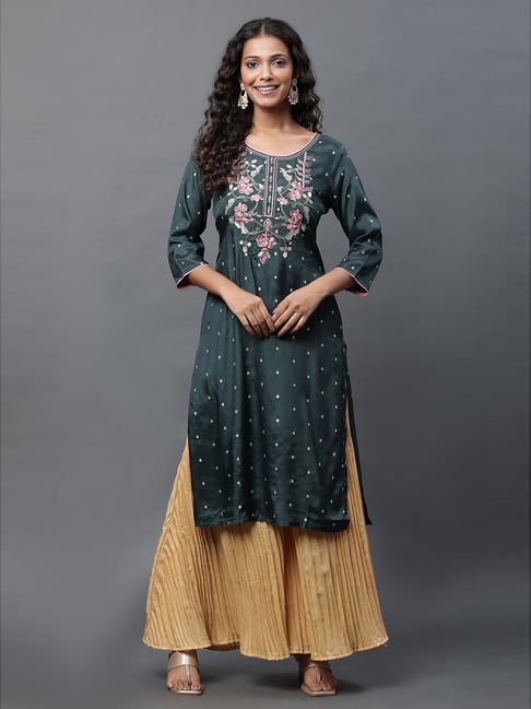 Aurelia Green Regular Fit Polka Dot Kurta-picture-45