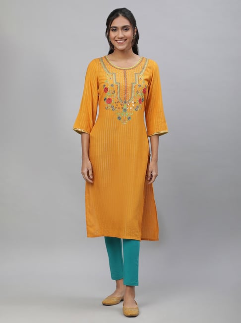 Aurelia Yellow Regular Fit Stripes Kurta-picture-12