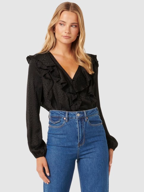 Forever New Black Regular Fit Animal Print Blouse