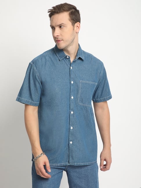 BENE KLEED Blue Cotton Boxy fit Solid Denim Shirt