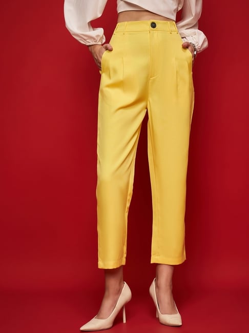 KASSUALLY Yellow Solid Formal Trousers-picture-36