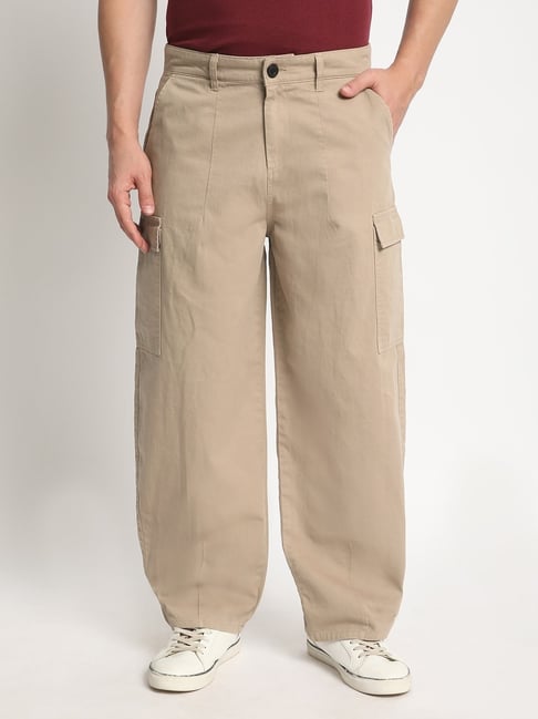 Bene Kleed Beige Cotton Loose fit Solid Cargo Trousers - Main Image