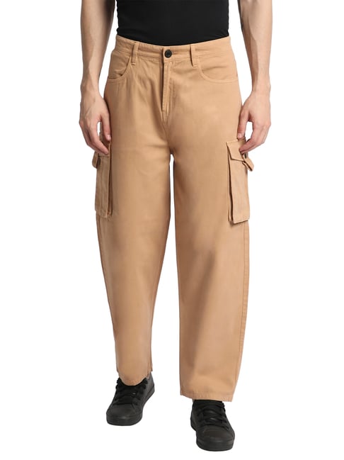Bene Kleed Beige Cotton Loose fit Solid Cargo Trousers