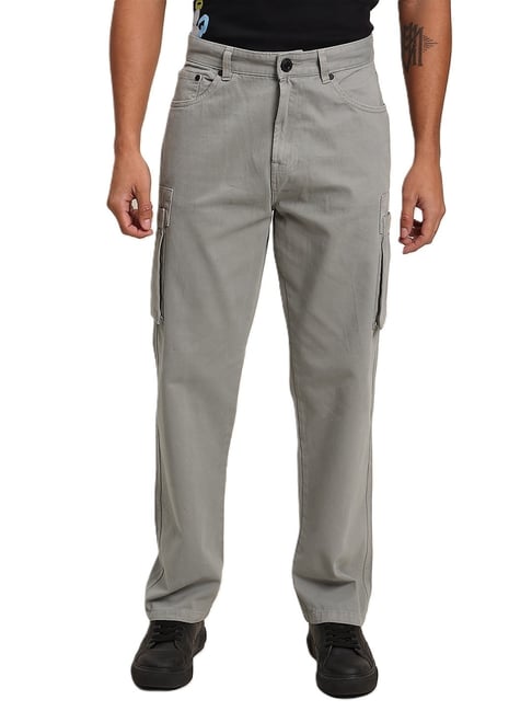BENE KLEED Grey Cotton Straight Fit Solid Cargo Trousers