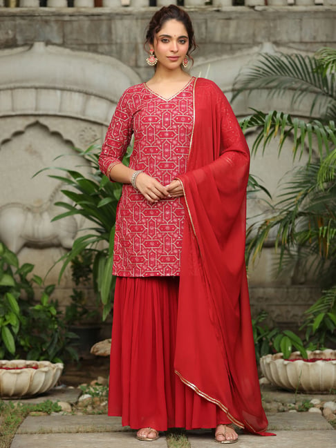 Janasya Red Georgette Regular Fit Suit Sets