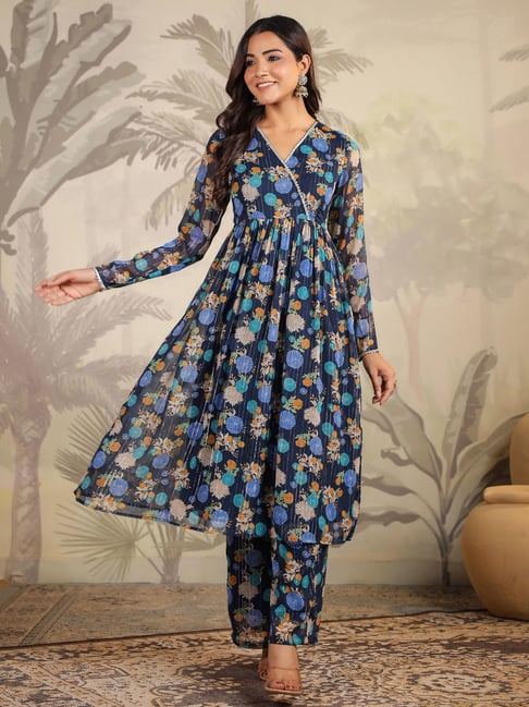 Janasya Blue Chiffon Regular Fit Suit Sets