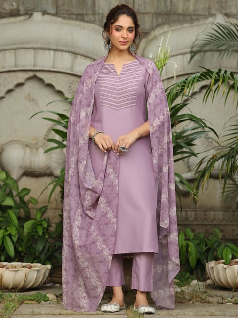 Janasya Lavender Silk Blend Regular Fit Suit Sets