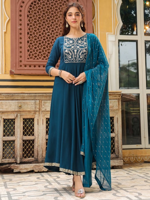 Janasya Teal Rayon Regular Fit Suit Sets