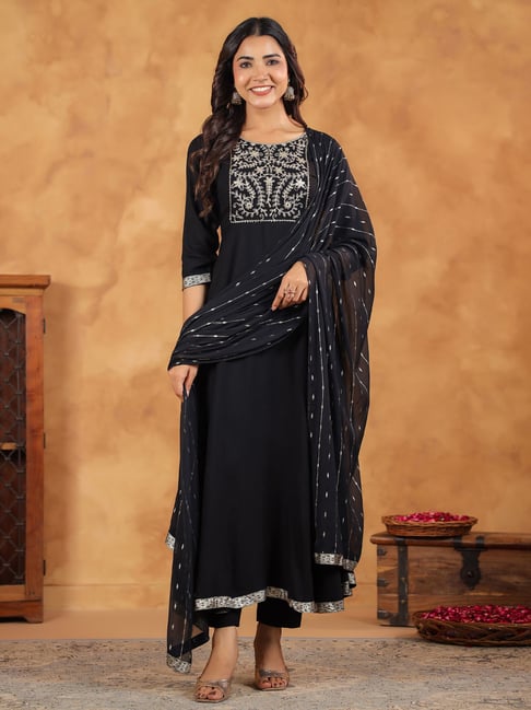 Janasya Black Rayon Regular Fit Suit Sets