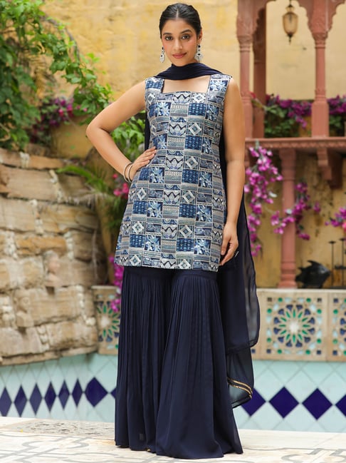 Janasya Navy Blue Georgette Regular Fit Suit Sets