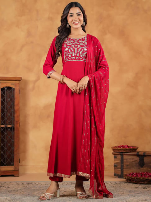 Janasya Pink Rayon Regular Fit Suit Sets