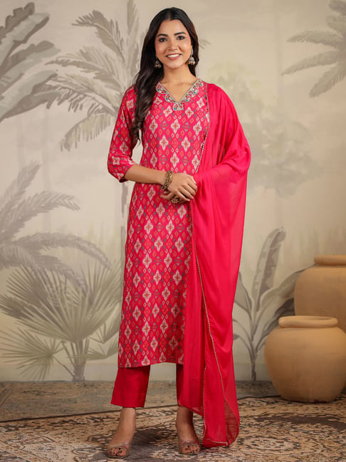 Janasya Pink Chanderi Regular Fit Suit Sets
