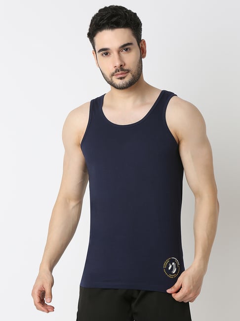 Underjeans by Spykar NAVY 100% Cotton Solid Regular Fit Vests