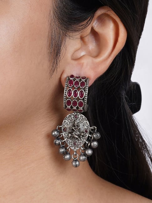 Teejh Zainaz Silver Oxidized Stone Earrings