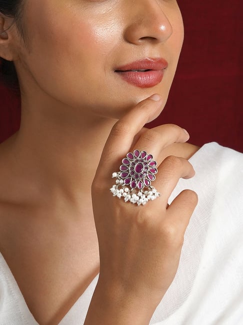 Teejh Parbati Silver Oxidized Ruby Ring