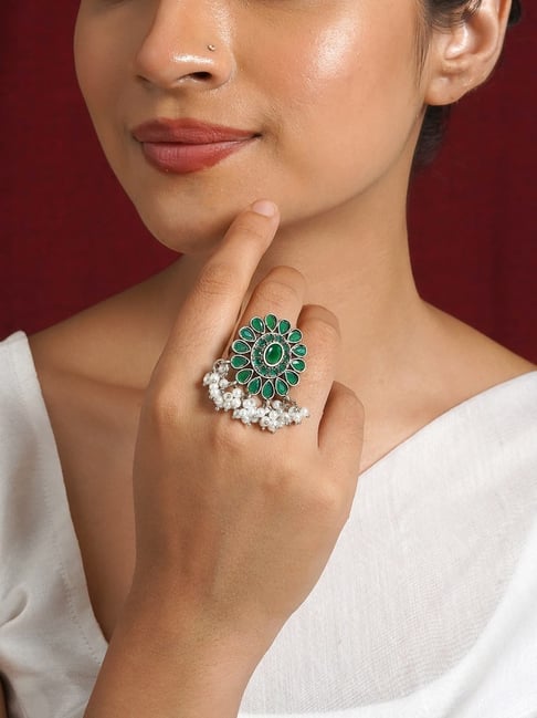 Teejh Bhakti Silver Oxidized Green Ring-picture-25