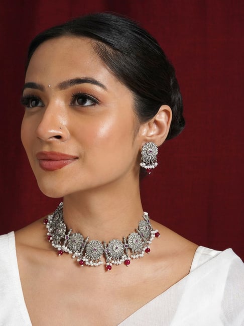 Buy Teejh Kashibai Silver Oxidized Necklace Set Online At Best