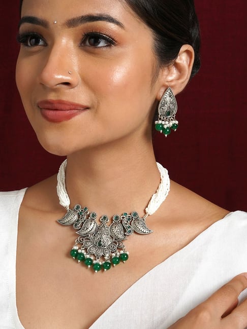 Teejh Vasundhara Silver Oxidised Green Necklace Set-picture-14