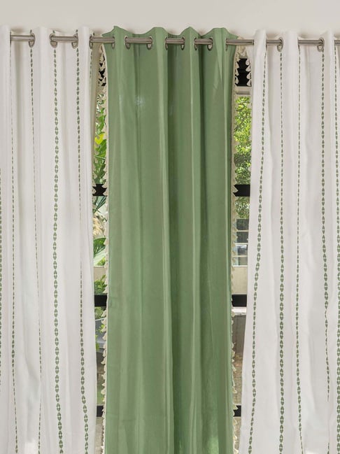 Urban Space Sage Green & White Cotton Door Curtains - Set of 3