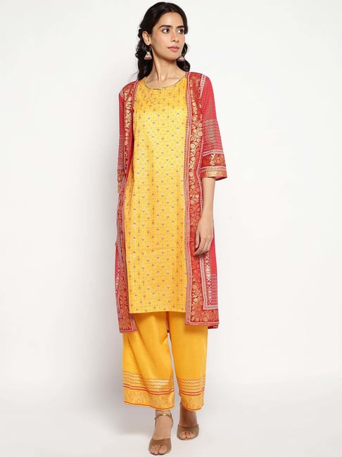 Aurelia Yellow & Red Printed Kurta and Palazzo Set